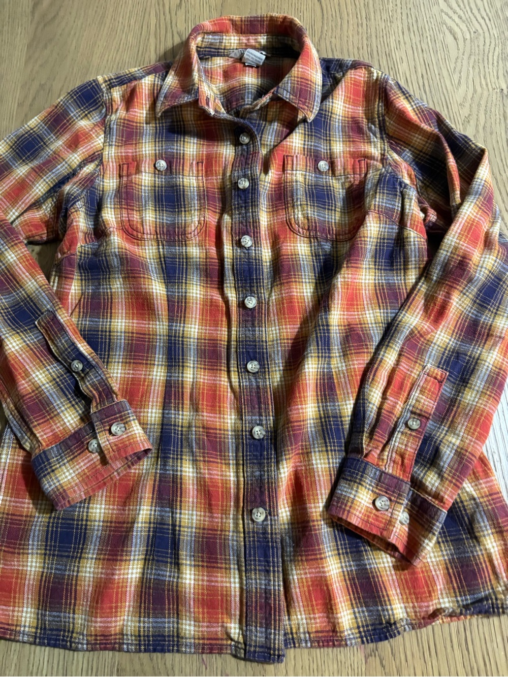 Duluth Trading Co Orange Yellow Navy Plaid Button-Down Shirt